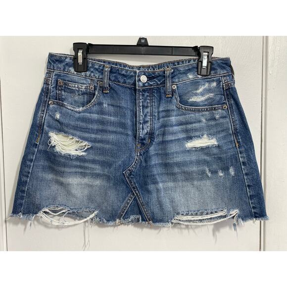 American Eagle Denim Mini Skirt Size 10 Button Fly Distressed Festival Boho - Picture 1 of 7